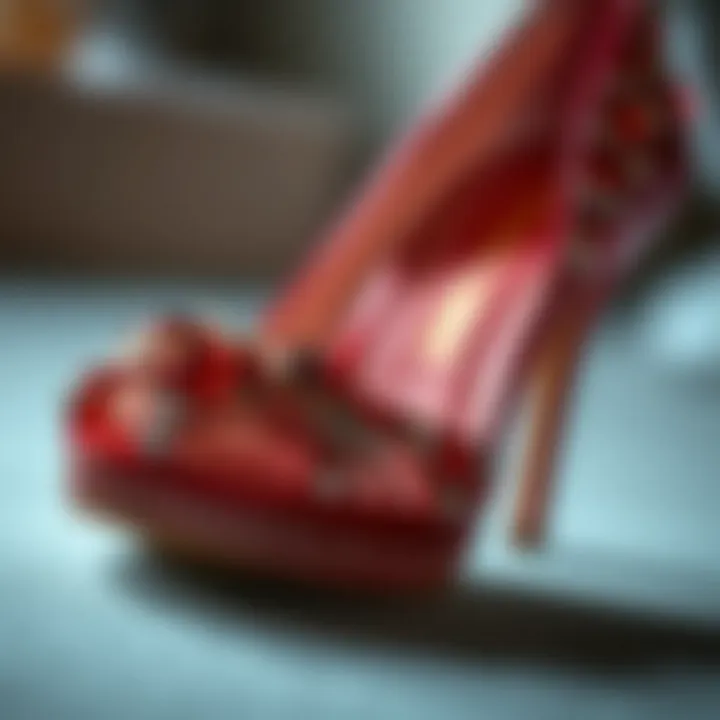 Close-up of the craftsmanship highlighting the intricate details of red diamond heels