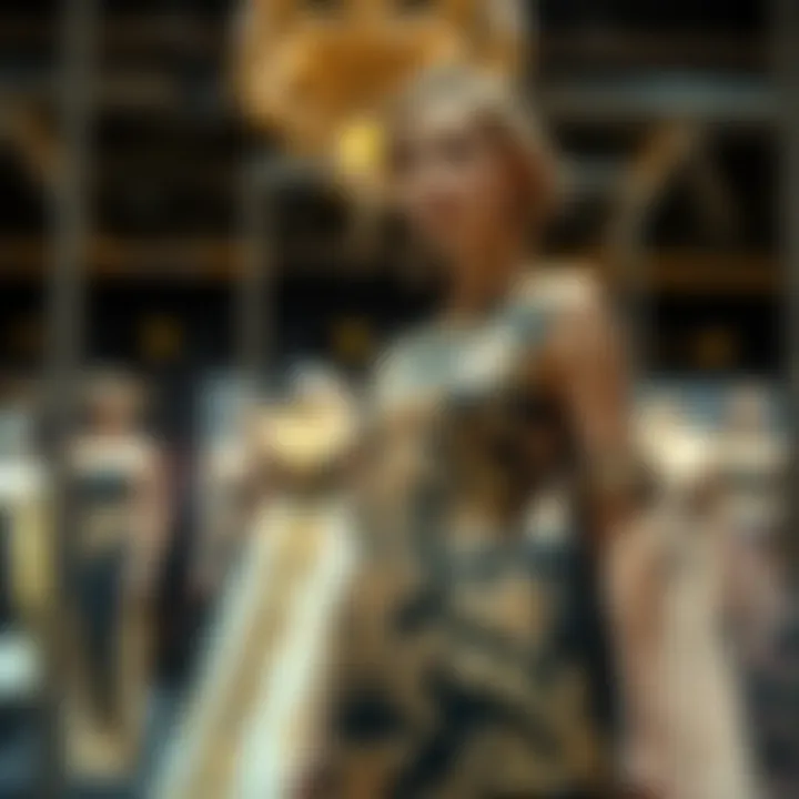 Versace Baroque Dress on Display Model showcasing the Versace Baroque print dress at a fashion event