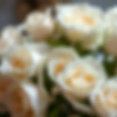 Close-up of intricately crafted white faux roses showcasing fine details
