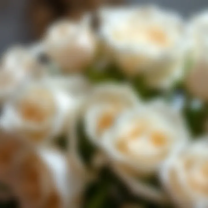 Close-up of intricately crafted white faux roses showcasing fine details
