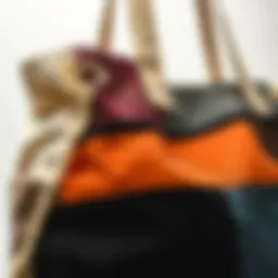 A detailed close-up of a patched tote bag showcasing various fabric textures and colors.