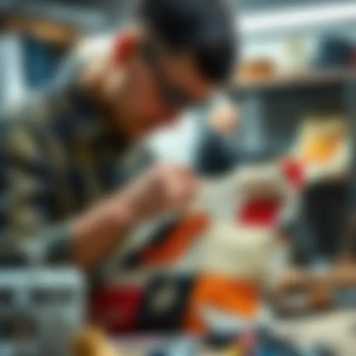A craftsman meticulously stitching a unique design on a patched tote bag.