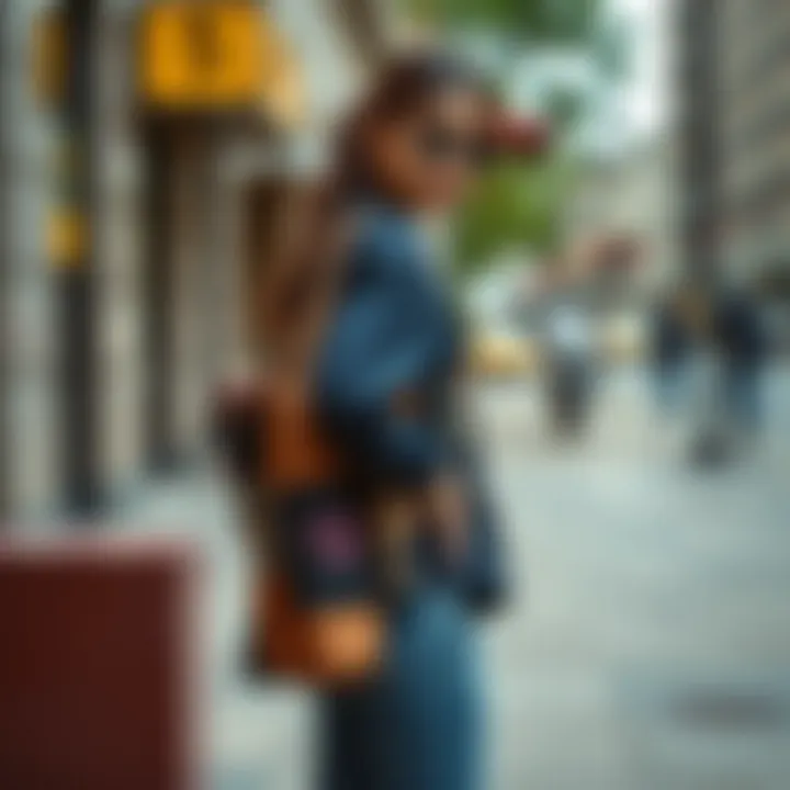 A fashionable individual showcasing a patched tote bag in an urban environment.
