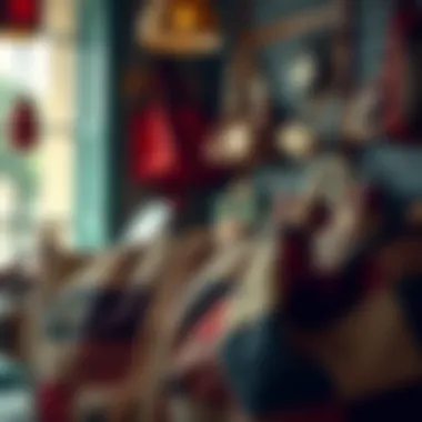 An array of vintage patched tote bags displayed artistically in a fashion-forward setting.