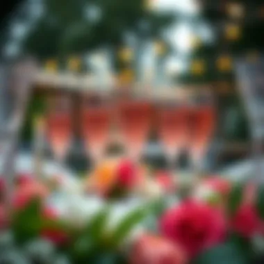 An outdoor gathering showcasing pink acrylic champagne flutes amidst floral decorations