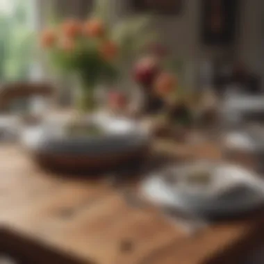 An elegant table setting with a rustic wood tablecloth, floral arrangements, and fine diningware.