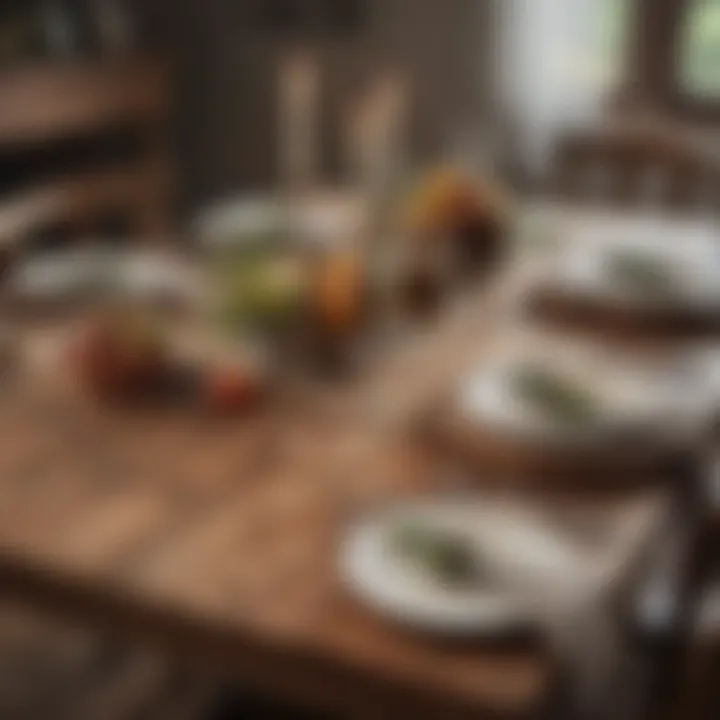 A beautifully set dining table with a rustic wood tablecloth, showcasing elegance and charm.