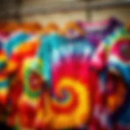 A colorful assortment of tie-dye clothing representing the 70's hippie aesthetic