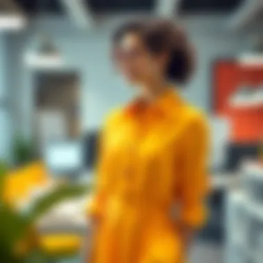 A modern preppy dress showcased in a vibrant office setting