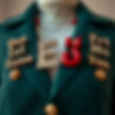 An artistic arrangement of letter brooch pins incorporated into fashion outfits