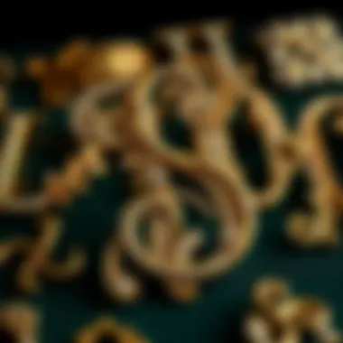 An elegant display of vintage letter brooch pins showcasing intricate designs