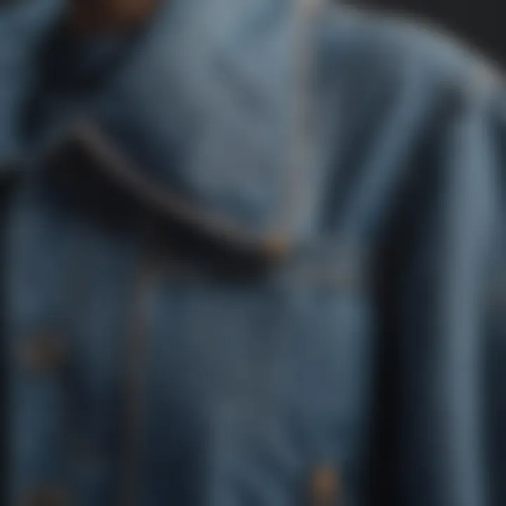 Close-up of the fabric texture of a plus size puff sleeve denim jacket.