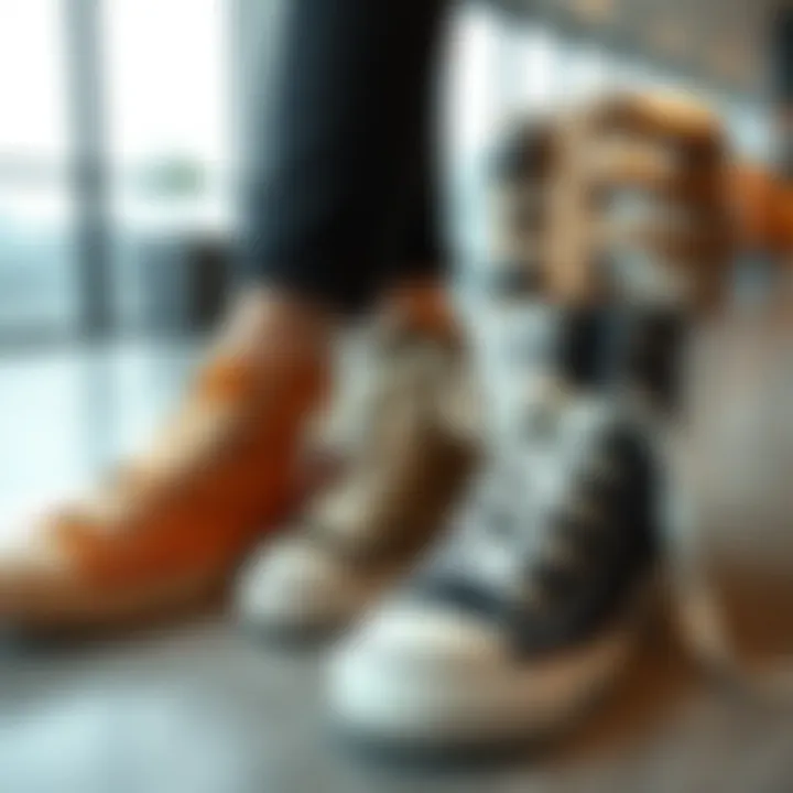 Fashionable Display of Footwear with Long Shoelaces Stylishly arranged shoes with extra long white shoelaces in a modern setting