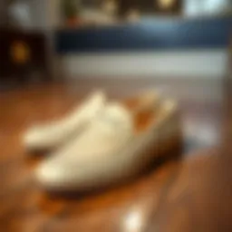 Stylish perforated loafers on a wooden floor