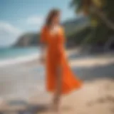 Elegant orange vacation dress displayed on a scenic beach