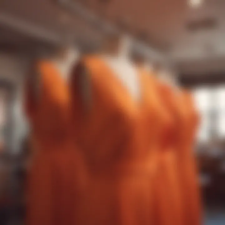 Group of vibrant orange dresses displayed in a boutique