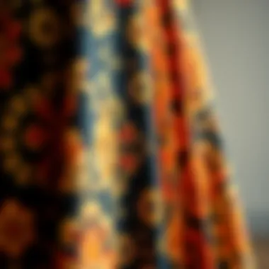 Close-up of intricate fabric patterns in a stylish maxi dress