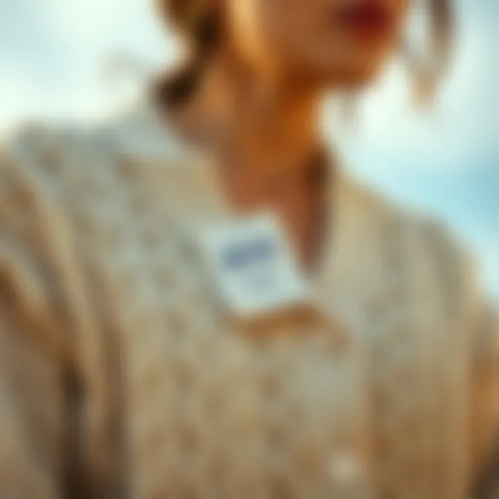 Eco-Friendly Label on Sustainable Cardigan An eco-friendly label on a sustainable cable knit cardigan