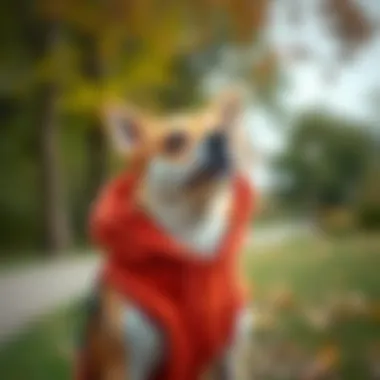 Dog wearing a sleeveless hoodie during a walk in the park