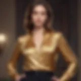 Elegant gold long sleeve blouse paired with tailored trousers for a sophisticated look.