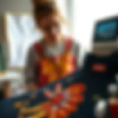 An artist showcasing their digitized embroidery artwork on a textile.