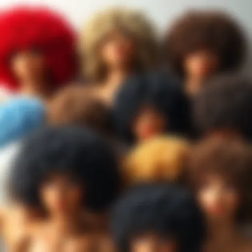 Vibrant array of very short curly wigs in various colors and styles